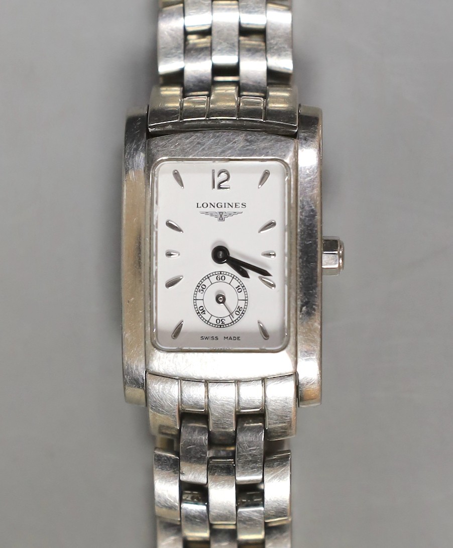 A lady's modern stainless steel Longines rectangular dial quartz wrist watch, with box and papers, case diameter 21mm.